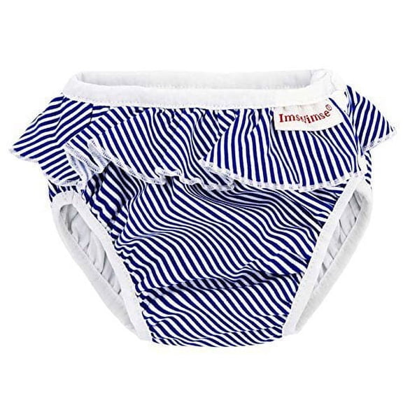 ImseVimse Ruffle Snap Reusable Swim Diaper for Baby and Toddler Girls (White Blue Stripe, NB 9-13 lbs)
