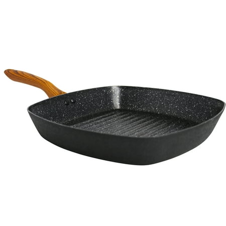 IMUSA 11in Black Stone Aluminum Speckled Nonstick Deep Square Grill with Wood Look Handle, Black