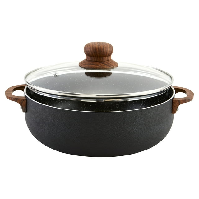 IMUSA 4.4qt Black Stone Aluminum Speckled Nonstick Caldero with Glass Lid & Wood Look Handles, Black