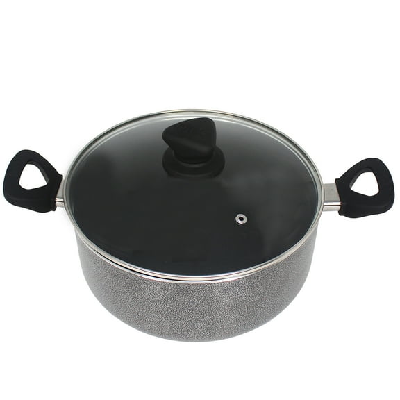 IMUSA 4.8qt Charcoal Aluminum Nonstick Stock Pot with Glass Lid & Soft touch Handles, Black