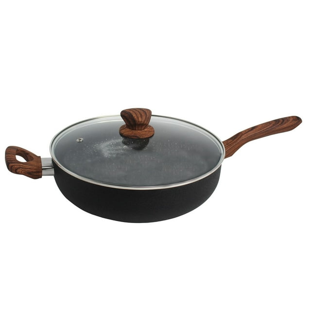 Imusa 4 Quart Black Stone Jumbo Cooker Pan with Glass Lid and Wood Look