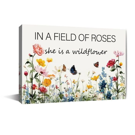 In A Field Of Roses She Is A Wildflower Nursery Canvas Wall Art Decor For Baby Girl Room Pink Toddler Poster Children's Floral Boho Bedroom Framed