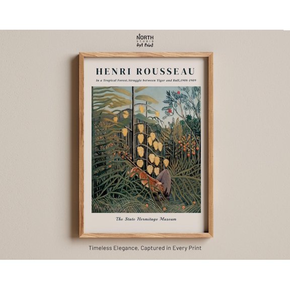 In A Tropical Forest Henri Rousseau 1908 Jungle Tiger And Bull Bold Exotic Animal Primitive Lush Scene Wall Art Print