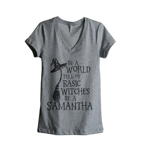 In A World Basic Witches Be Samantha Women's Fashion Relaxed V-Neck T-Shirt Tee Heather Grey X-Large