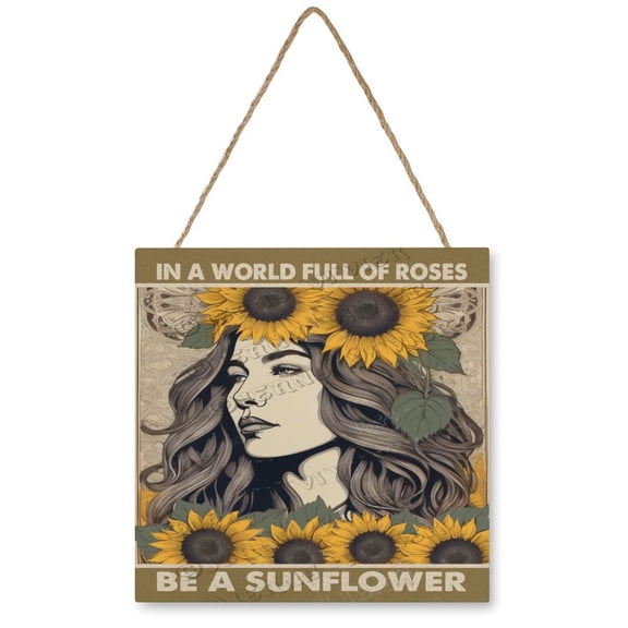 In A World Full Of Roses Be A Sunflower Wood Hanging Sign, Inspirational Quote Sign, Wood Wall Art,Rustic Farmhouse Decor 12x12 Inches