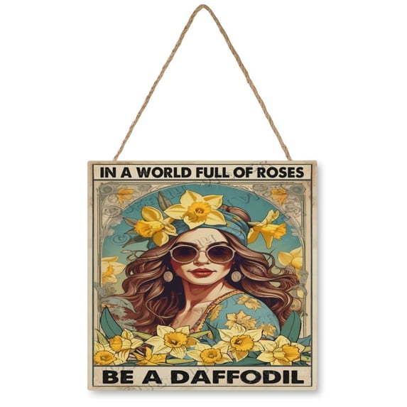In A World Full Of Roses Be A Daffodil Wood Hanging Sign, Wood Wall Art, Funny Bathroom Wood Decor Sign, Hanging Printed Wooden Plaque Décor 12x12 Inches