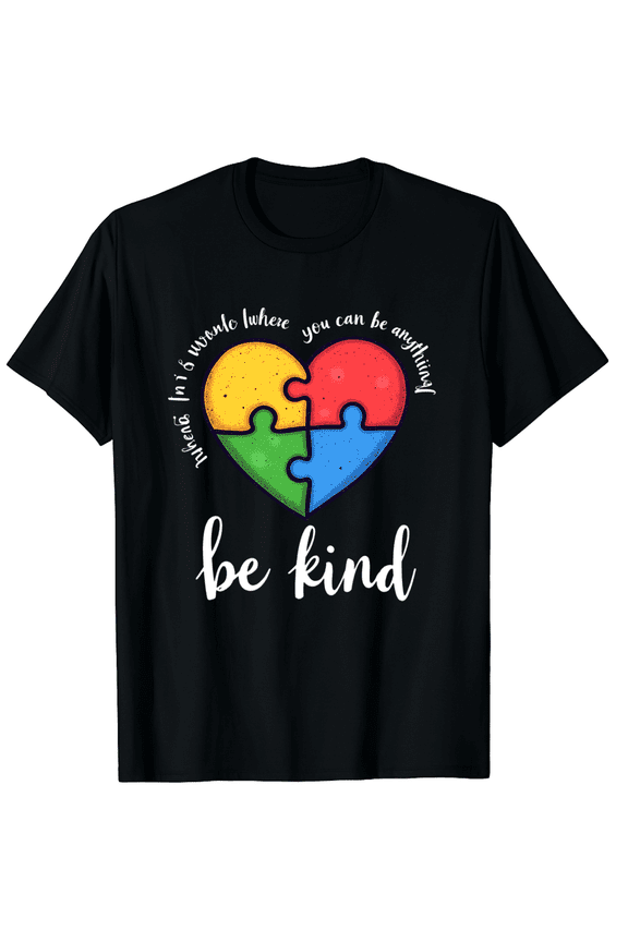 In A World Where You Can Be Anything Be Kind Autism Puzzle Graphic Black T-Shirt for Men and Women