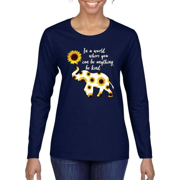 In A World Where You Can Be Anything Be Kind Inspirational/Christian Womens Graphic Long Sleeve T-Shirt, Navy, X-Large