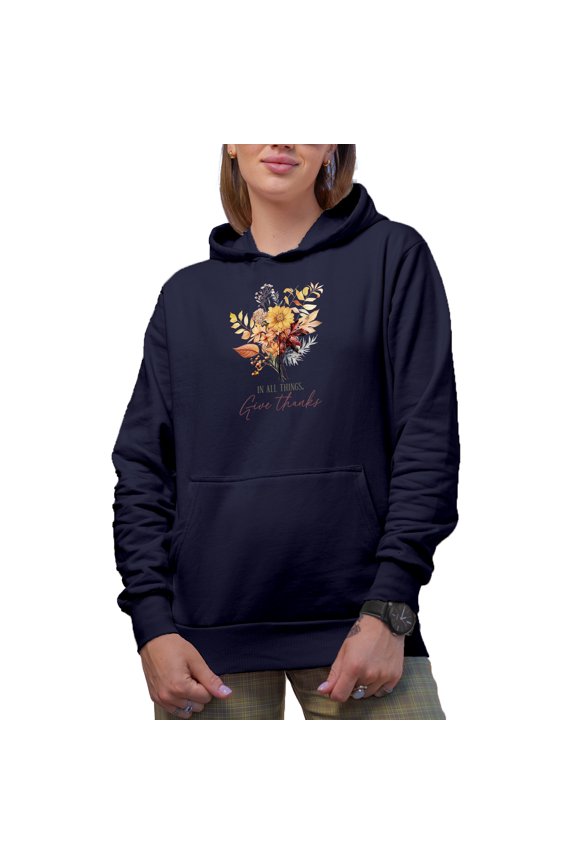 In All Things, Give Thanks with Fall or Autumn Leaves, Thanksgiving Day Merch Gift, Navy Blue Hooded Sweatshirt or Hoodie, 3XL
