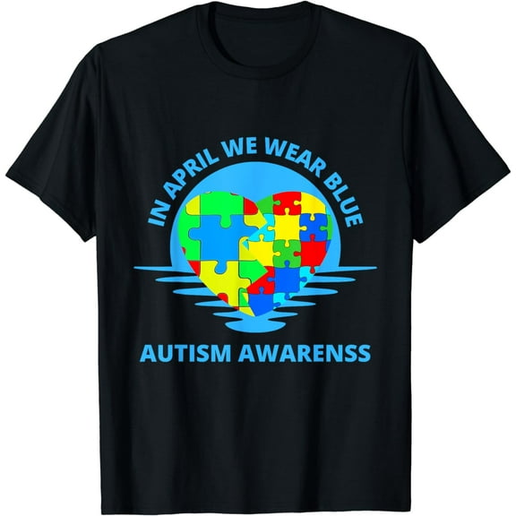 In April We Wear Blue Autism Awareness Month Puzzle Ribbon T-Shirt