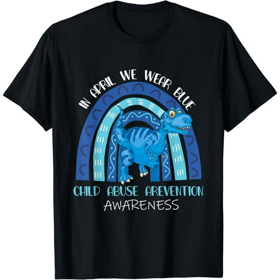 In April We Wear Blue Child Abuse Awareness Dinosaur Rainbow T-Shirt