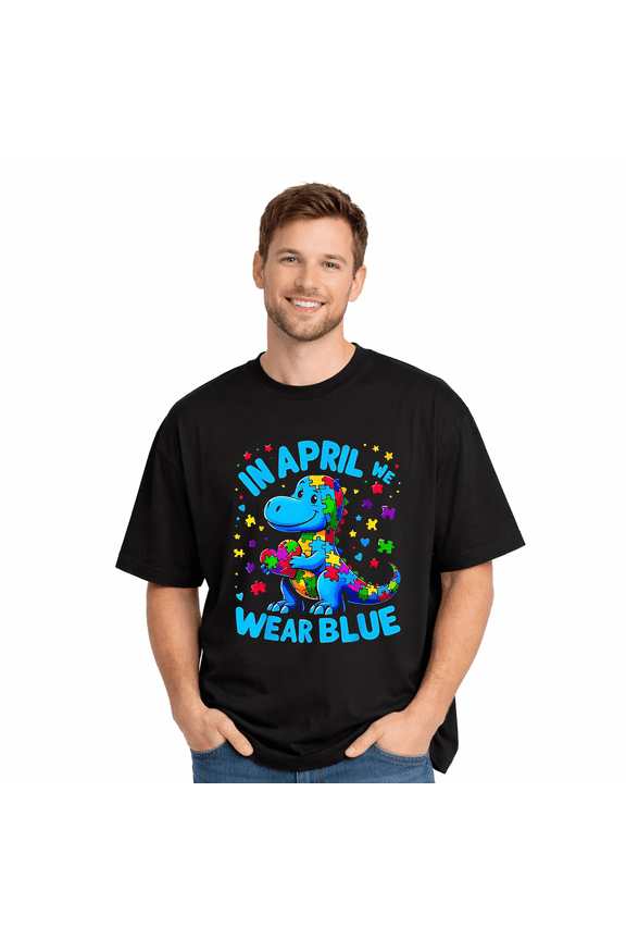 In April We Wear Blue Dinosaur Autism Awareness Graphic T-Shirt