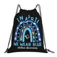 thumbnail image 1 of In April We Wear Blue Rainbow Autism Awareness Drawstring Backpack Sackpack String Bag Cinch Waterproof Bags for Gym Sports Yoga Travel Beach Swimming shopping, 1 of 1