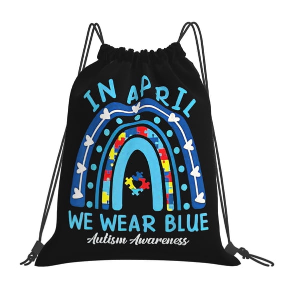 In April We Wear Blue Rainbow Autism Awareness Drawstring Backpack Sackpack String Bag Cinch Waterproof Bags for Gym Sports Yoga Travel Beach Swimming shopping