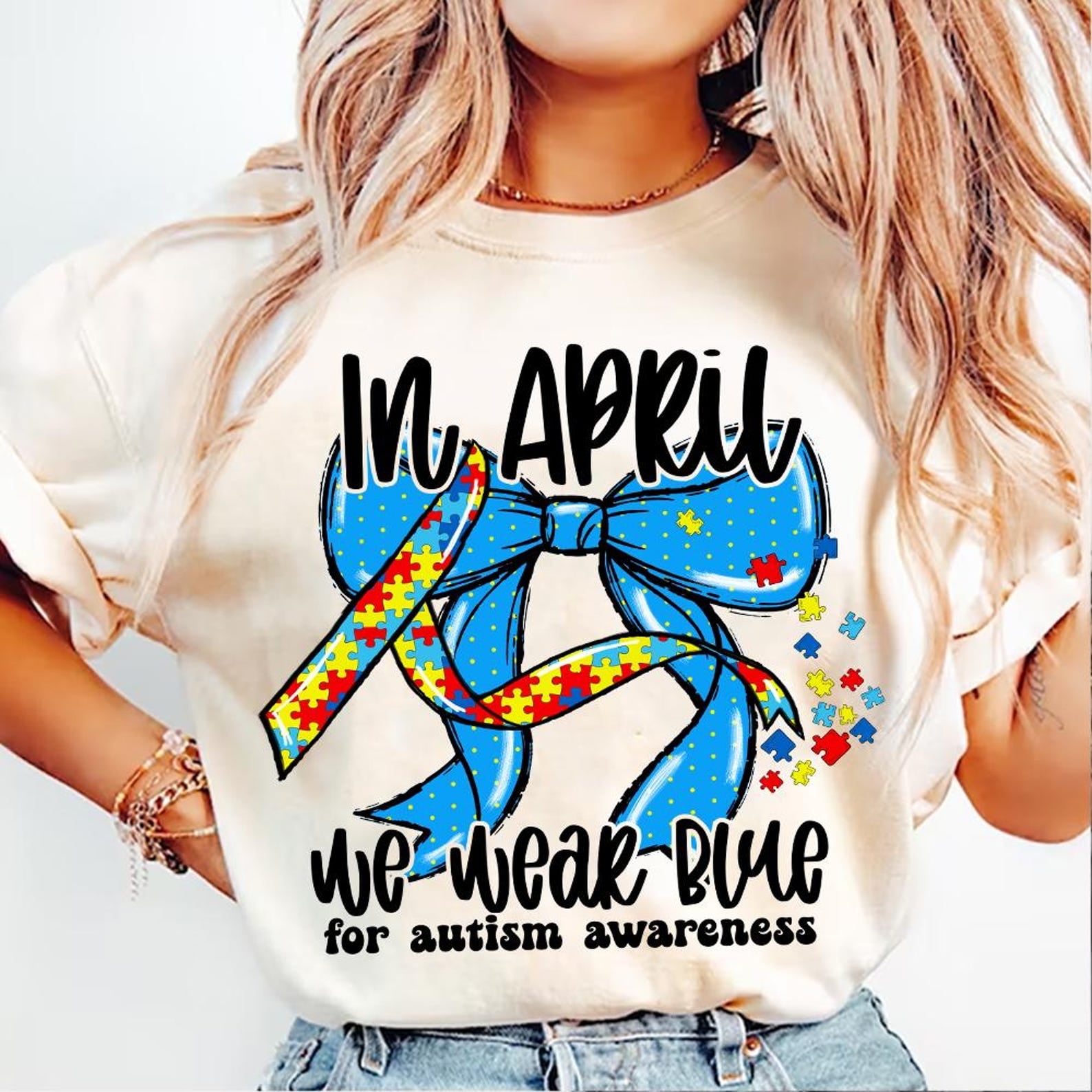 In April We Wear Blue Shirt, Autism Awareness Coquette Bow T-Shirt, Autism Mama Tee, Special Education Support and Neurodiversity Shirt