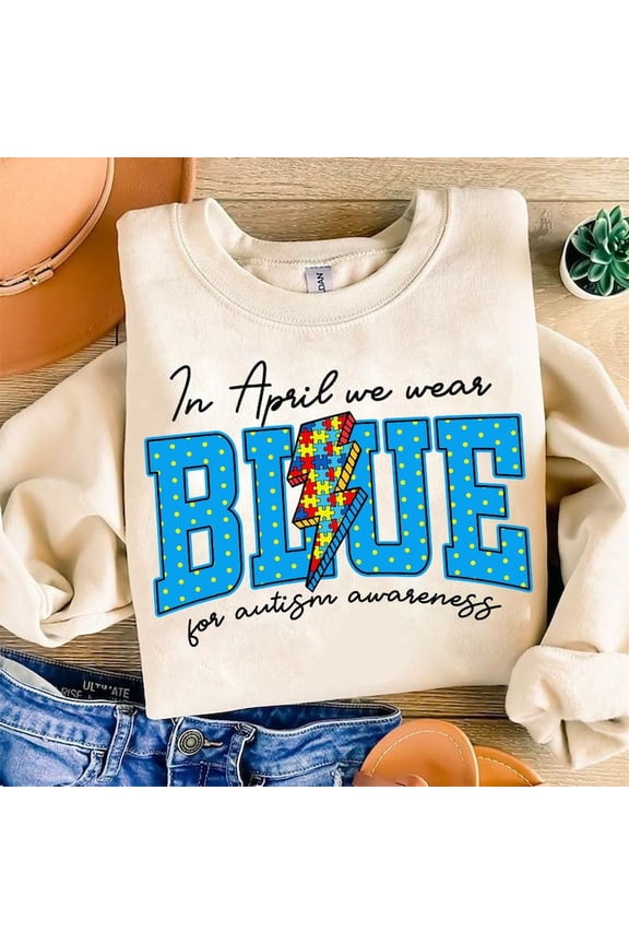 In April We Wear Blue Sweater, Autism Awareness Coquette Bow Mama Neurodiversity Sweatshirt