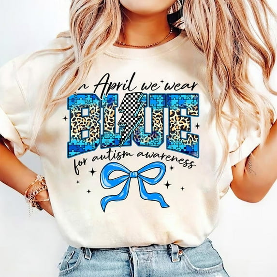 In April We Wear Blue T-Shirt, Autism Awareness Coquette Shirt, Checkered Leopard T-Shirt, Accept Love Understand T-Shirt, Blue Month Gift