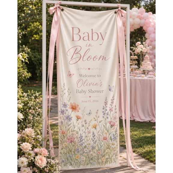 In Bloom Fabric Banner, Personalized Floral Welcome Sign, Custom Garden Party Backdrop, Celebration Decor