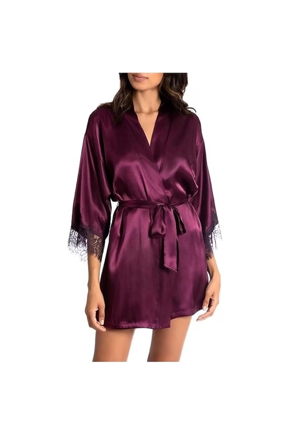 In Bloom Women's Nicole Luxe Satin Lace Trim Lightweight Waist Tie Robe (Purple, XS/S)