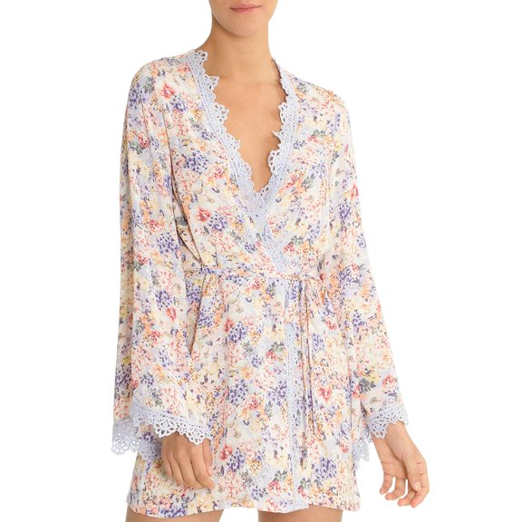 In Bloom by Jonquil Windflower Floral Print Wrap Robe Blue Peach XL
