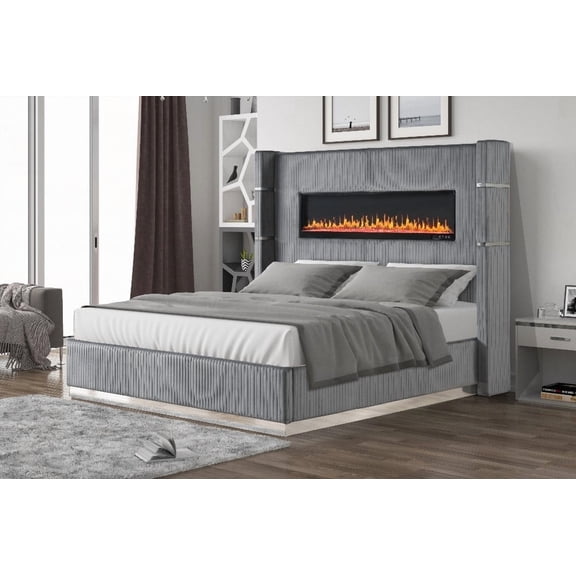 In-Built USB & Bluetooth King Bed - Lizelle Gray Velvet