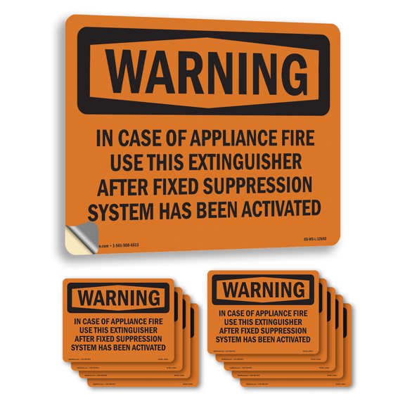 In Case Of Appliance Fire Use This OSHA WARNING Vinyl Decal Label 7 Inch x 5 Inch - 10 Pack