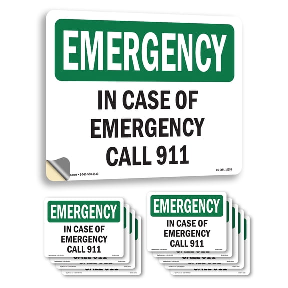 In Case Of Call 911 OSHA Emergency Vinyl Decal Label 24 Inch x 18 Inch - 10 Pack