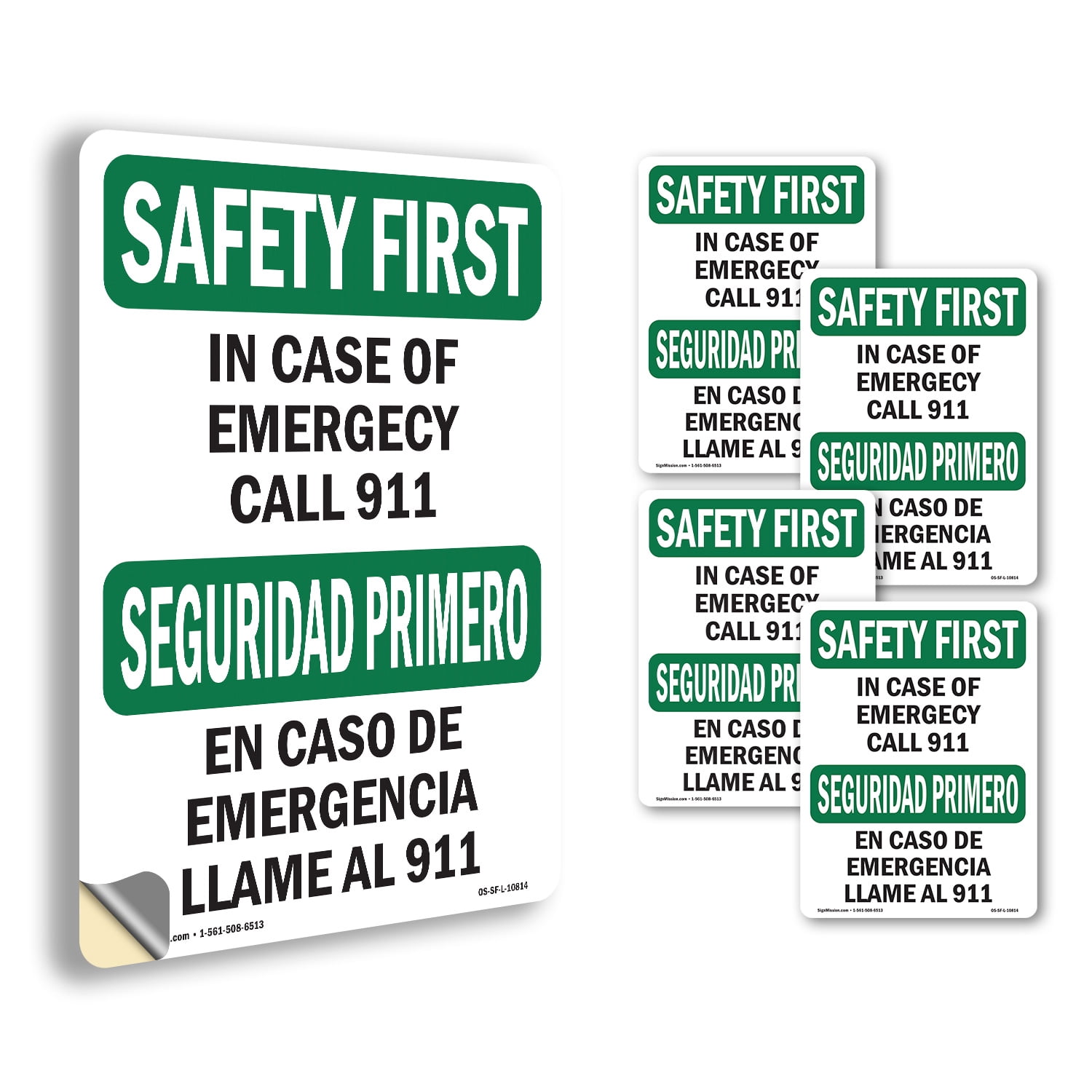 In Case Of Emergency 911 Bilingual OSHA SAFETY FIRST Vinyl Decal Label ...