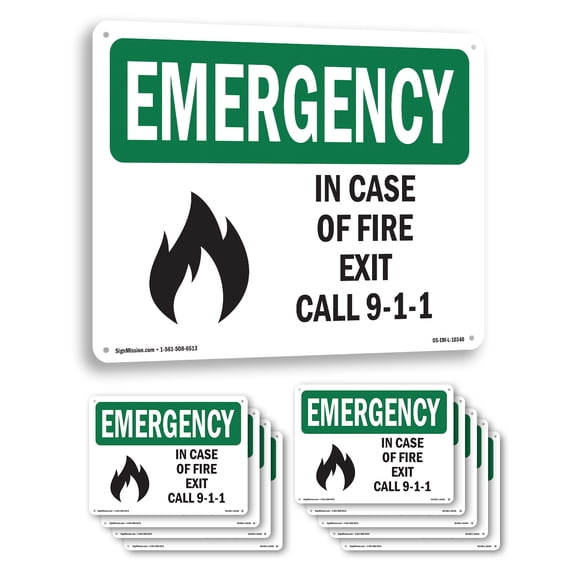 In Case Of Fire Exit Call 9 OSHA Emergency Aluminum Sign 10 Inch x 7 Inch - 10 Pack