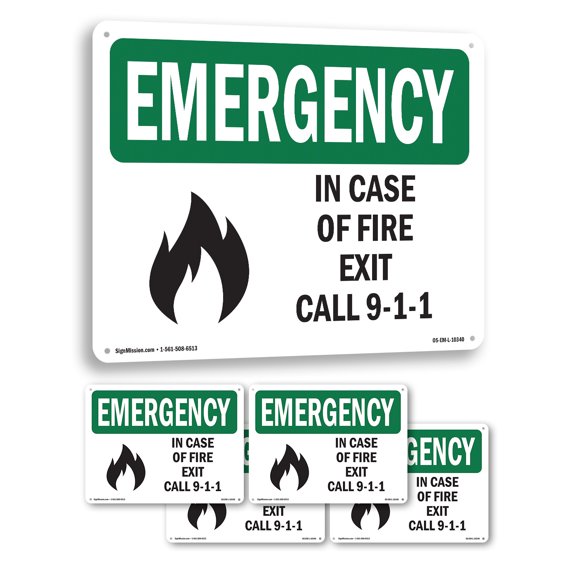 In Case Of Fire Exit Call 9 OSHA Emergency Aluminum Sign 10 Inch x 7 Inch - 5 Pack