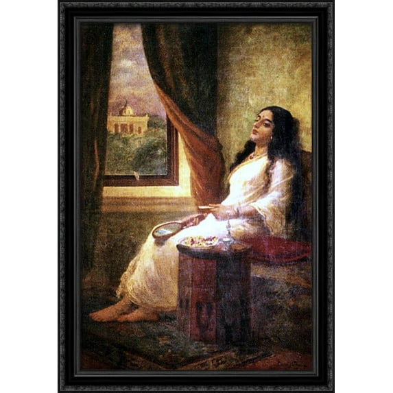 In Contemplation 28x40 Large Black Ornate Wood Framed Canvas Art by Raja Ravi Varma