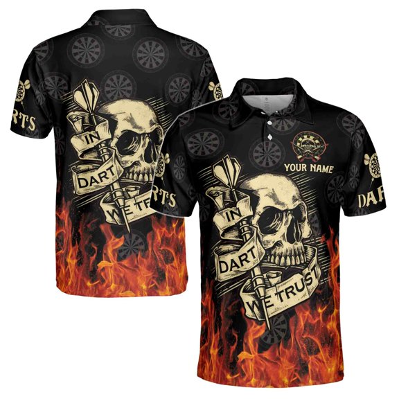 In Dart We Trust Skull Flame Personalized Name Men's Polo Shirt S-5XL