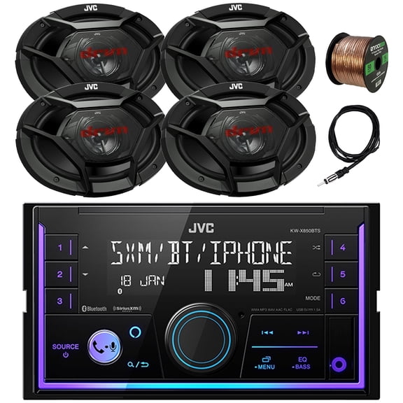 In-Dash Double DIN USB/AUX Bluetooth AM/FM Stereo Digital Media Car Radio Receiver, 4x 6x9" 500 Watt Max Power 3-Way Vehicle Audio Speakers, 22" Antenna, 16 Gauge 50 ft Speaker Wire