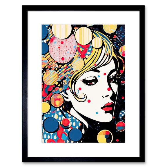 In Deep Thought Woman Face Colourful Geometric Patterns Bubbles Pop Art Halftone Artwork Framed Wall Art Print 9X7 Inch