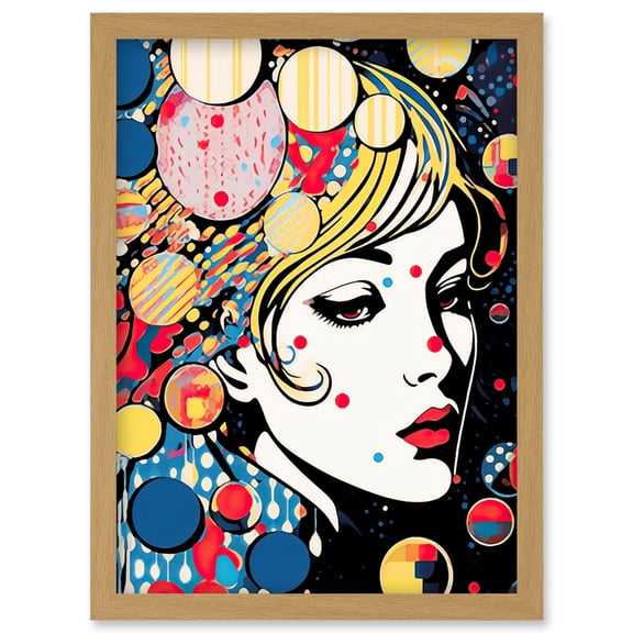 In Deep Thought Woman Face Colourful Geometric Patterns Bubbles Pop Art Halftone Artwork Framed Wall Art Print A4