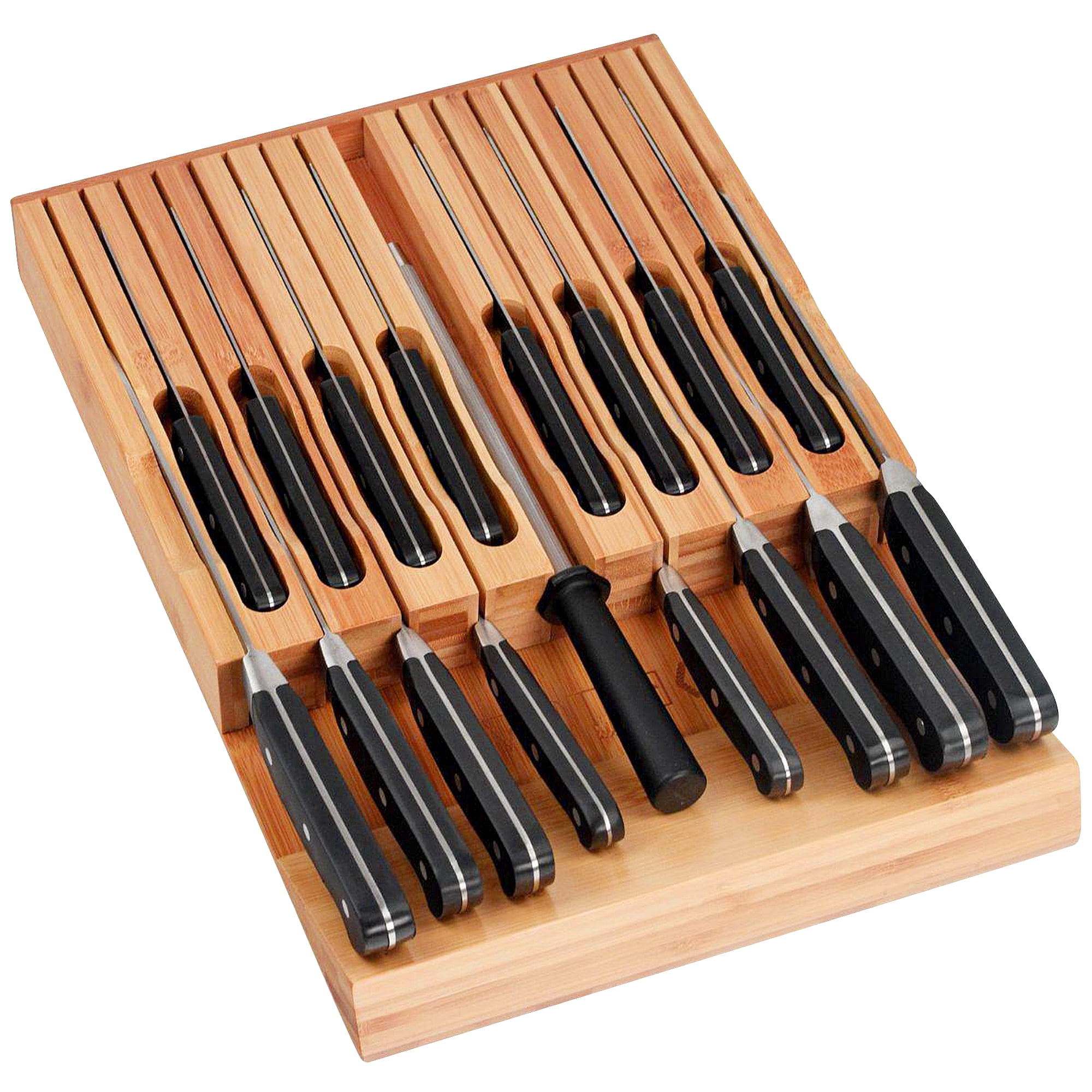 In-Drawer Knife Block,Bamboo Knife Drawer Organizer Insert, Kitchen Knife  Drawer Storage for 16 Knives PLUS a Slot for your Knife Sharpener (Without