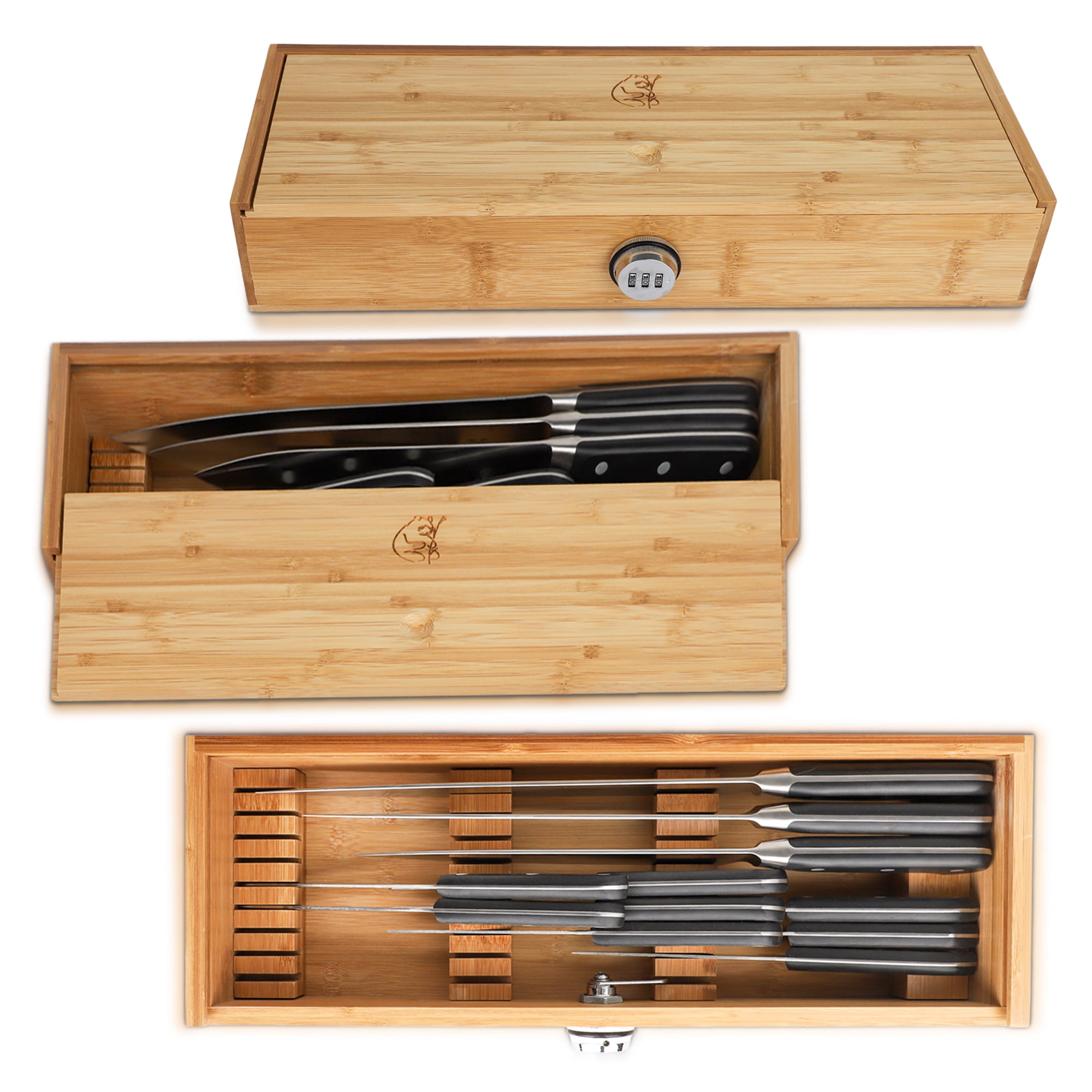 In Drawer Bamboo Chef Knives/Kitchen Knives Organizer Box - with Kid Safety  combination lock - Holds up to 25 Knives (Not included) - Knives storage