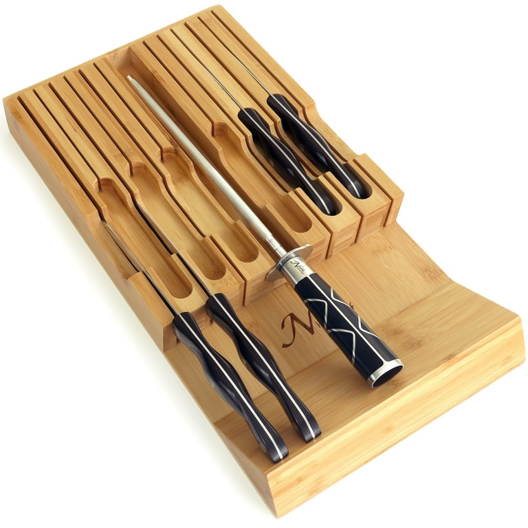 Homemaid Living In-Drawer Bamboo Knife Block - Holds 14 Knives Plus a Slot  for Knife Sharpener - Premium Knife Drawer Organizer (2” Tall, 17” Deep)