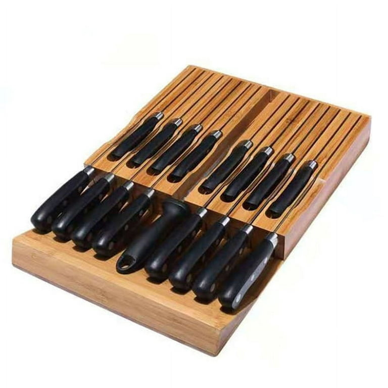 In-Drawer Bamboo Knife Block Holds 16 Knives (Not Included) Without  Pointing Up PLUS a Slot for your Knife Sharpener! Noble Home & Chef Knife