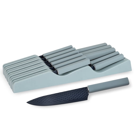 In-Drawer Kitchen Knife Set, 12 Pieces Knife Block Set with In-Drawer Knife Organizer, Sharp & Non-stick Stainless Steel Chef Knife Set, Kitchen Knives Set for Kitchen Home Apartment