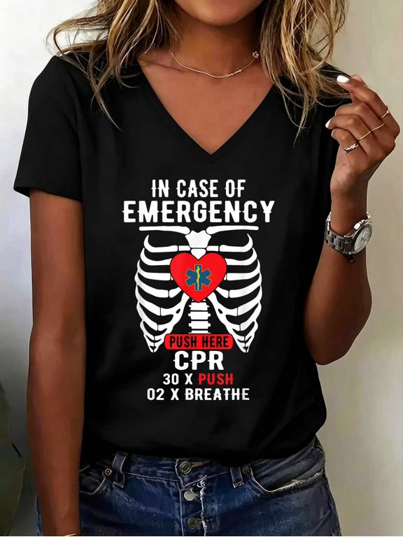In Emergency Case Push Here Paramedic EMT EMS Funny V Neck T-Shirt Cotton Women's V Neck Graphic Tee, Casual Short Sleeve Shirt,Vacation Outfit