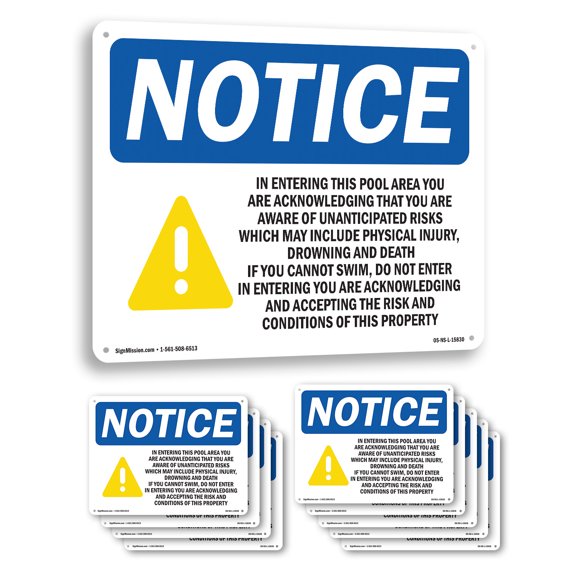 In Entering This Pool OSHA Notice Aluminum Sign 10 Inch x 7 Inch - 10 Pack