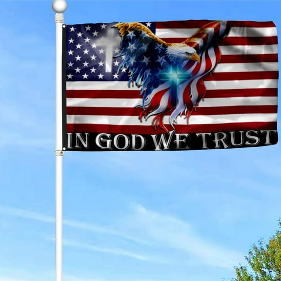 In God We Trust, Christian Cross, American Eagle Flag Banner with Grommets 3x5Feet Man cave Decor