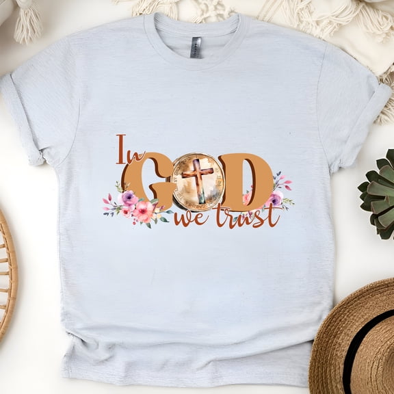 In God We Trust Cross Floral Christian Graphic T-Shirt for Women, Ash, Size XL