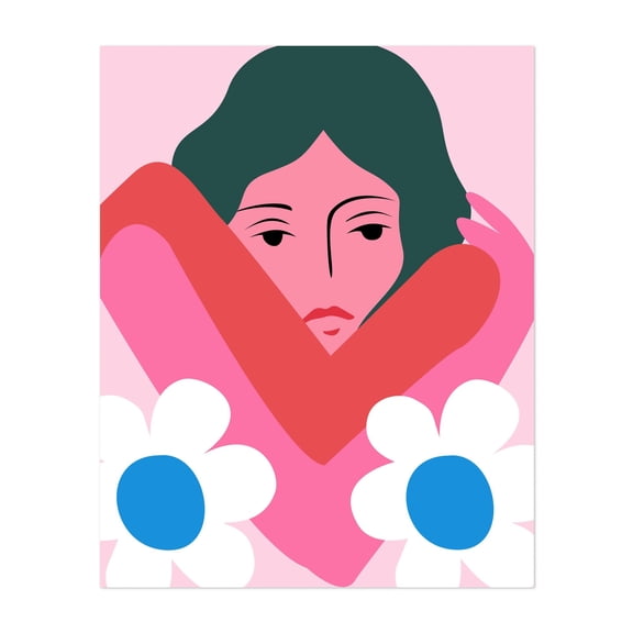 In Her Arms - India Illustration Modern Art Pop Art Floral Geometric Abstract Minimalist Flowers Unframed Wall Art Print 36 x 48 inches