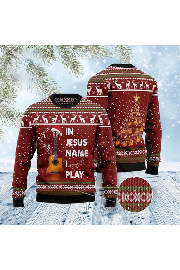 In Jesus Name I Play Guitar 3D Christmas Sweater, Funny Xmas Sweater, Sweater Xmas