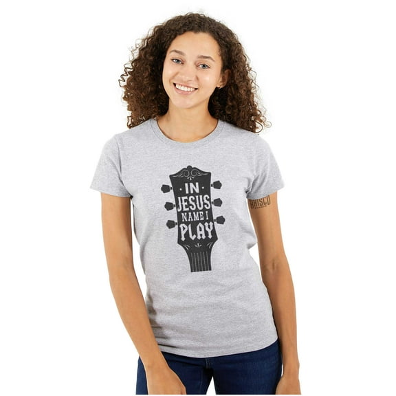 In Jesus Name I Play Guitar Music Womens Slim Fit Graphic Tee Brisco Brands S
