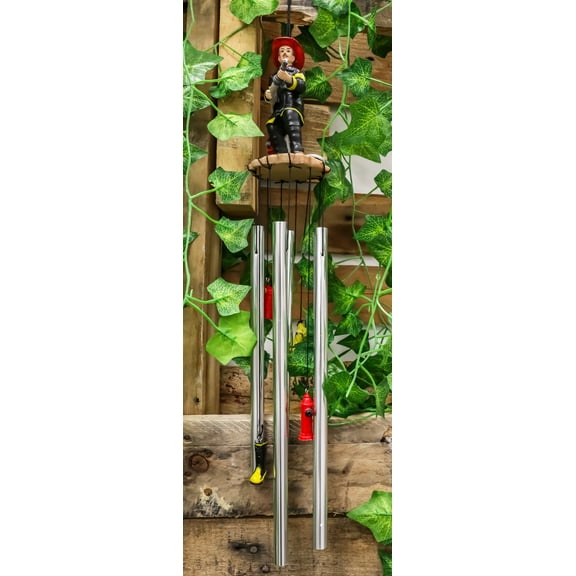 In Line of Duty Fireman With Fire Hose By Red Hydrant Wind Chime Garden Decor