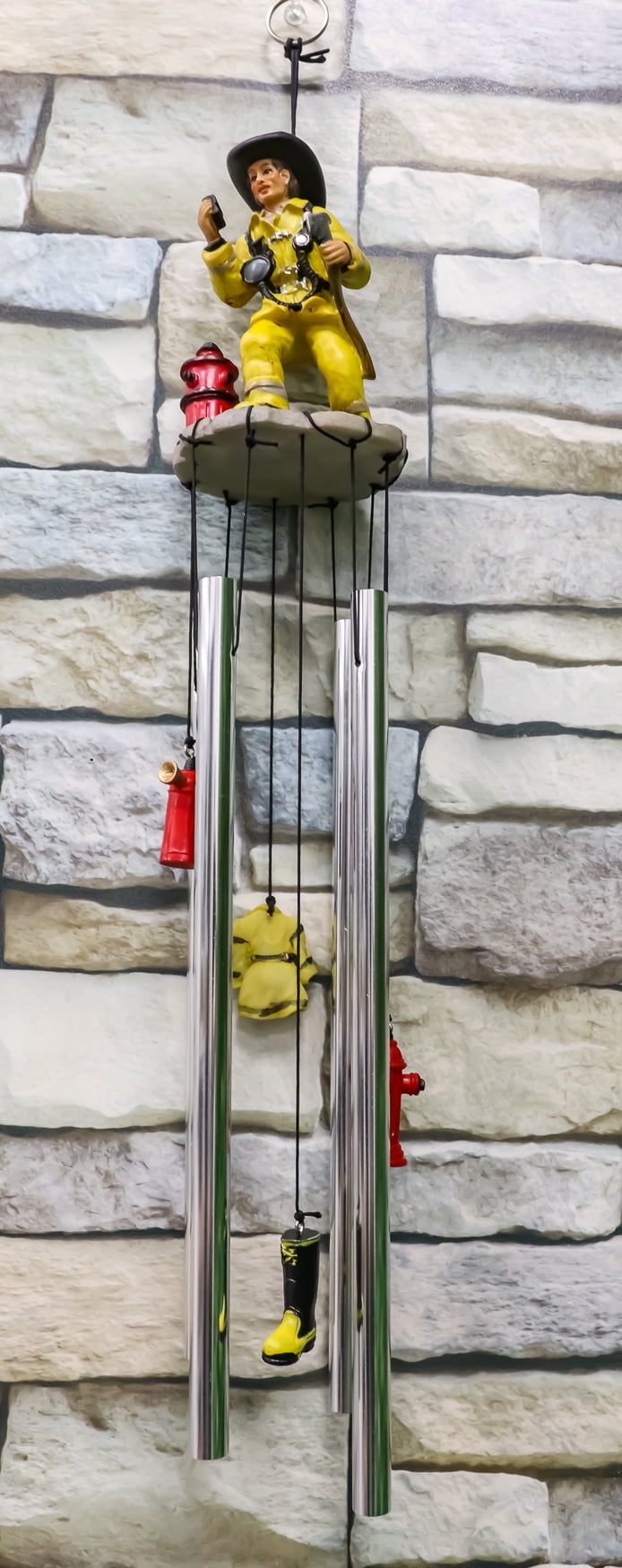 In Line of Duty Yellow Suit Fireman By Red Fire Hydrant Wind Chime Garden Decor