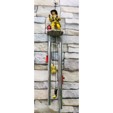 In Line of Duty Yellow Suit Fireman By Red Fire Hydrant Wind Chime Garden Decor